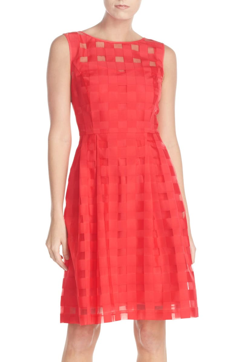 Ellen Tracy Windowpane Check Fit & Flare Dress, Main, color, Coral