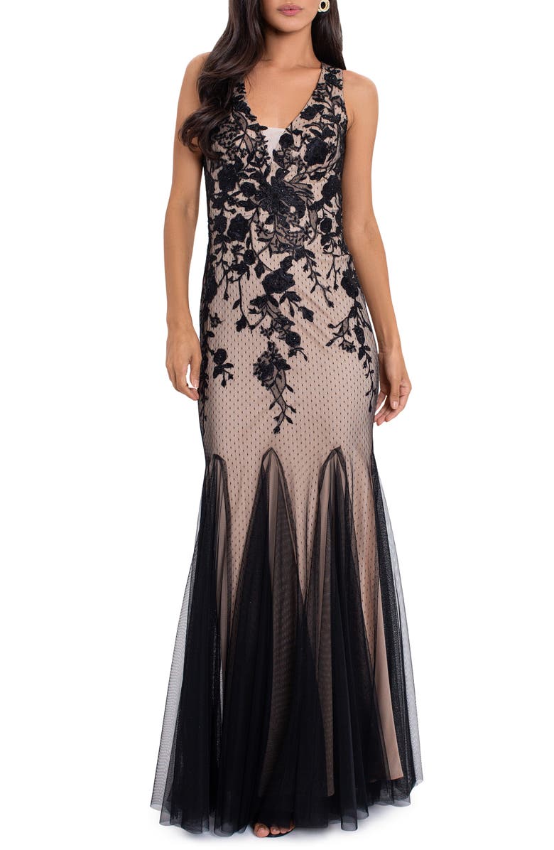 Betsy & Adam V-Neck Mesh Embroidered Sleeveless Gown, Main, color, 