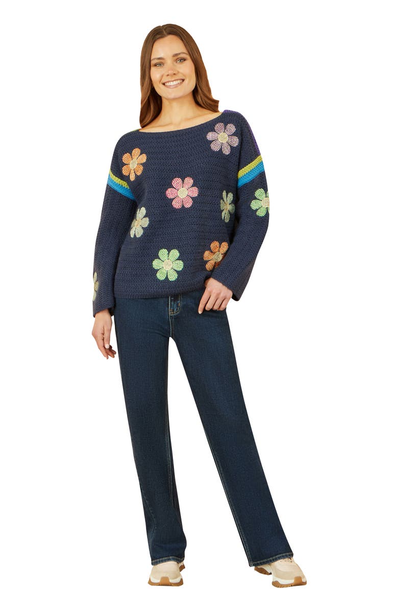 Yumi Crochet Flower Long Sleeve Jumper, Main, color, Navy