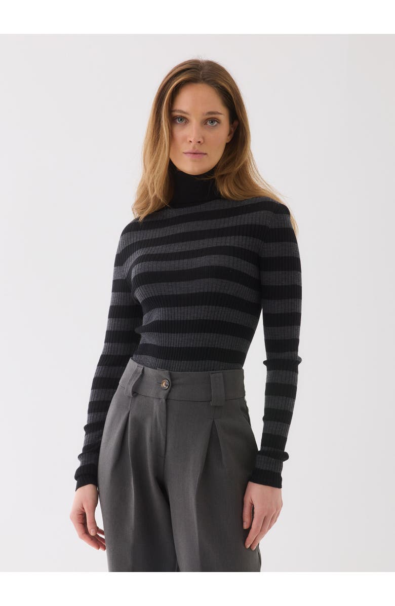 Majestic Filatures Merino Superfine Rib Knit Stripe Turtleneck, Main, color, Noir/Anthracite Chine