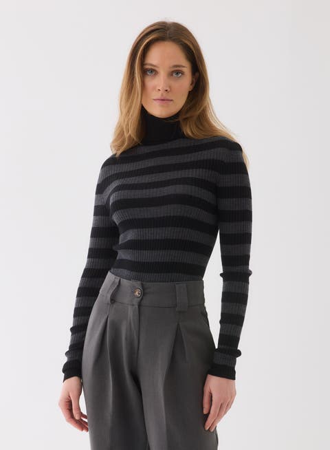 Merino Superfine Rib Knit Stripe Turtleneck