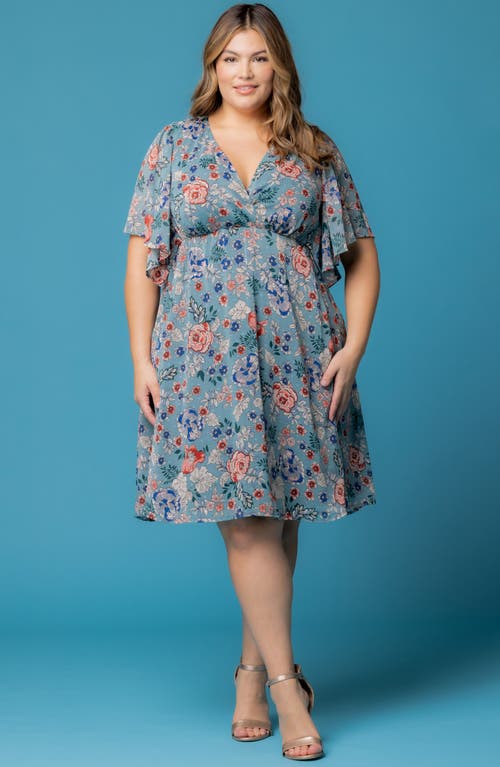 Kiyonna Florence Flutter Sleeve Dress In Blue Garden Print