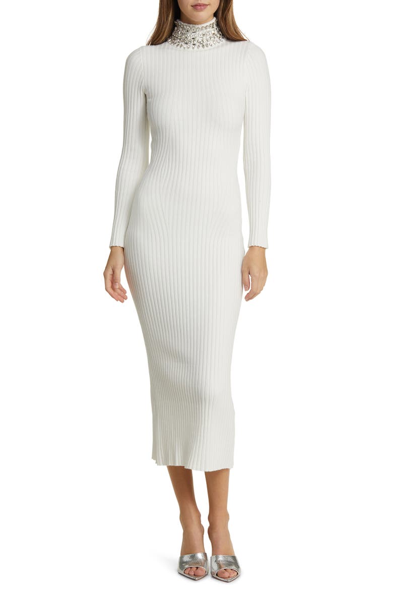 Crystal Neck Long Sleeve Rib Midi Dress, Main, color, WHITE