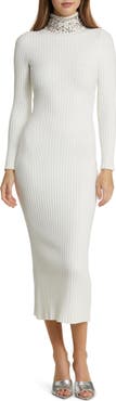 bebe Crystal Neck Long Sleeve Rib Midi Dress