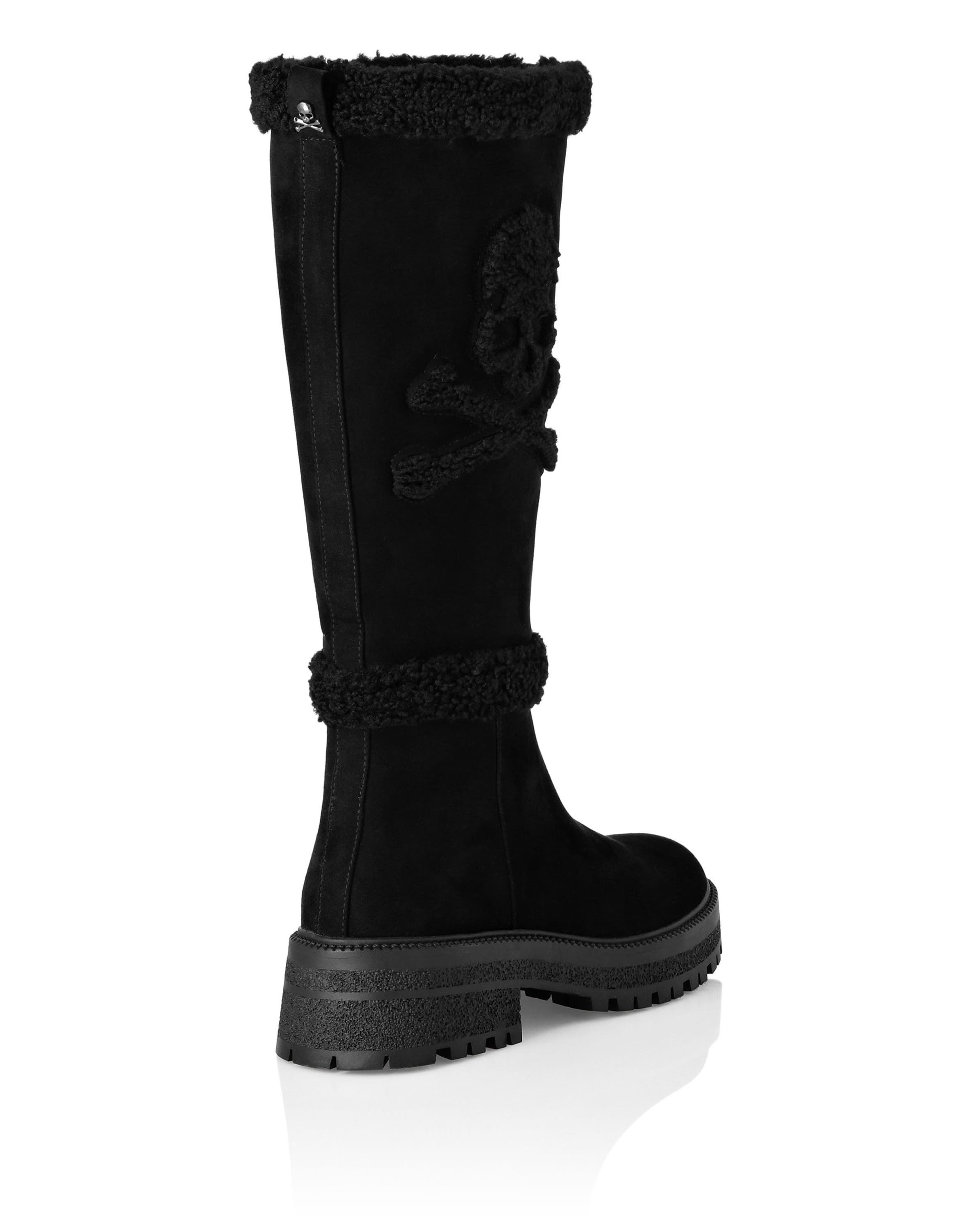 Mid Flat Boots Skull & Bones Women, Alternate, color, black