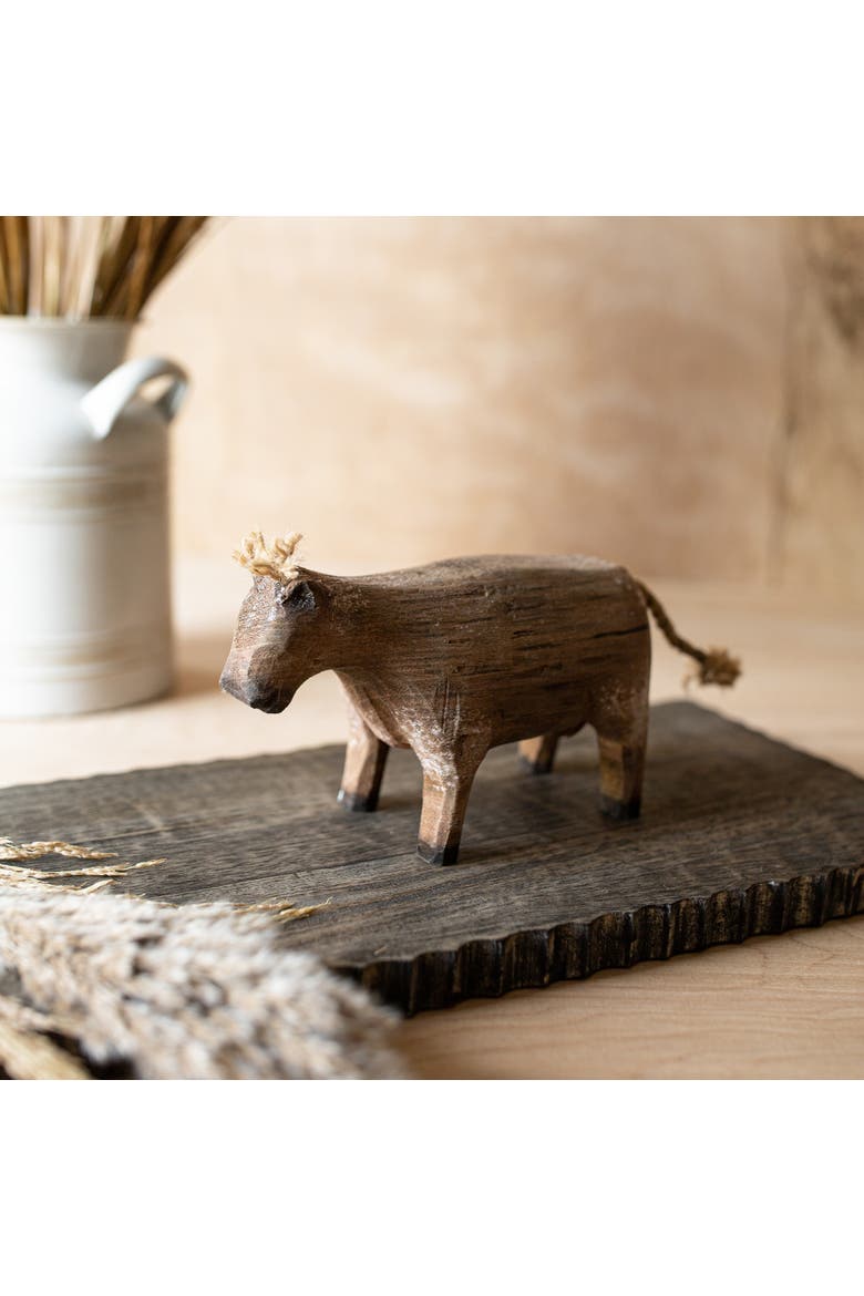 Carved Cow Decorative Accent Natural Wood & Jute, Alternate, color, Brown
