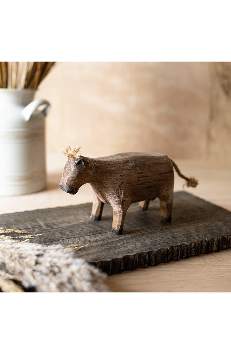 Foreside Home and Garden Carved Cow Decorative Accent Natural Wood & Jute, Alternate, color, Brown