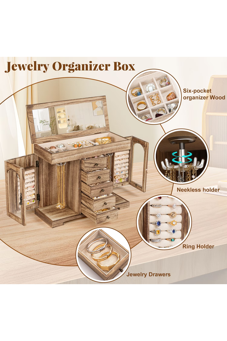 Rustic Torched Wooden Jewelry Box, Alternate, color, Rustic Brown