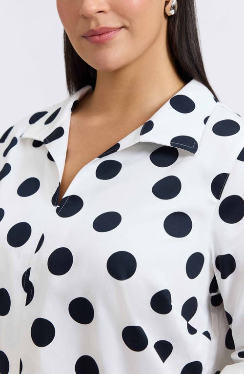Foxcroft Agnes Dot Print Three-quarter Sleeve Popover Top In White