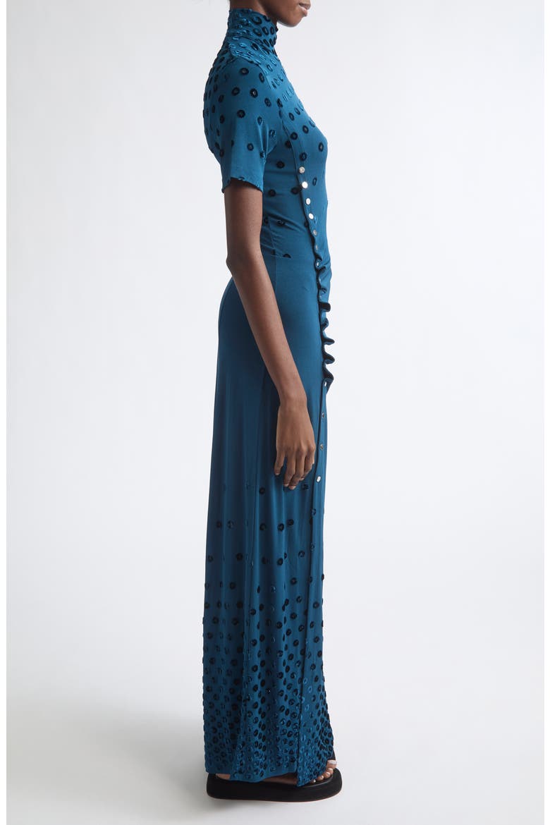 Flocked Dot Cutout Jersey Gown, Alternate, color, DEEP LAKE