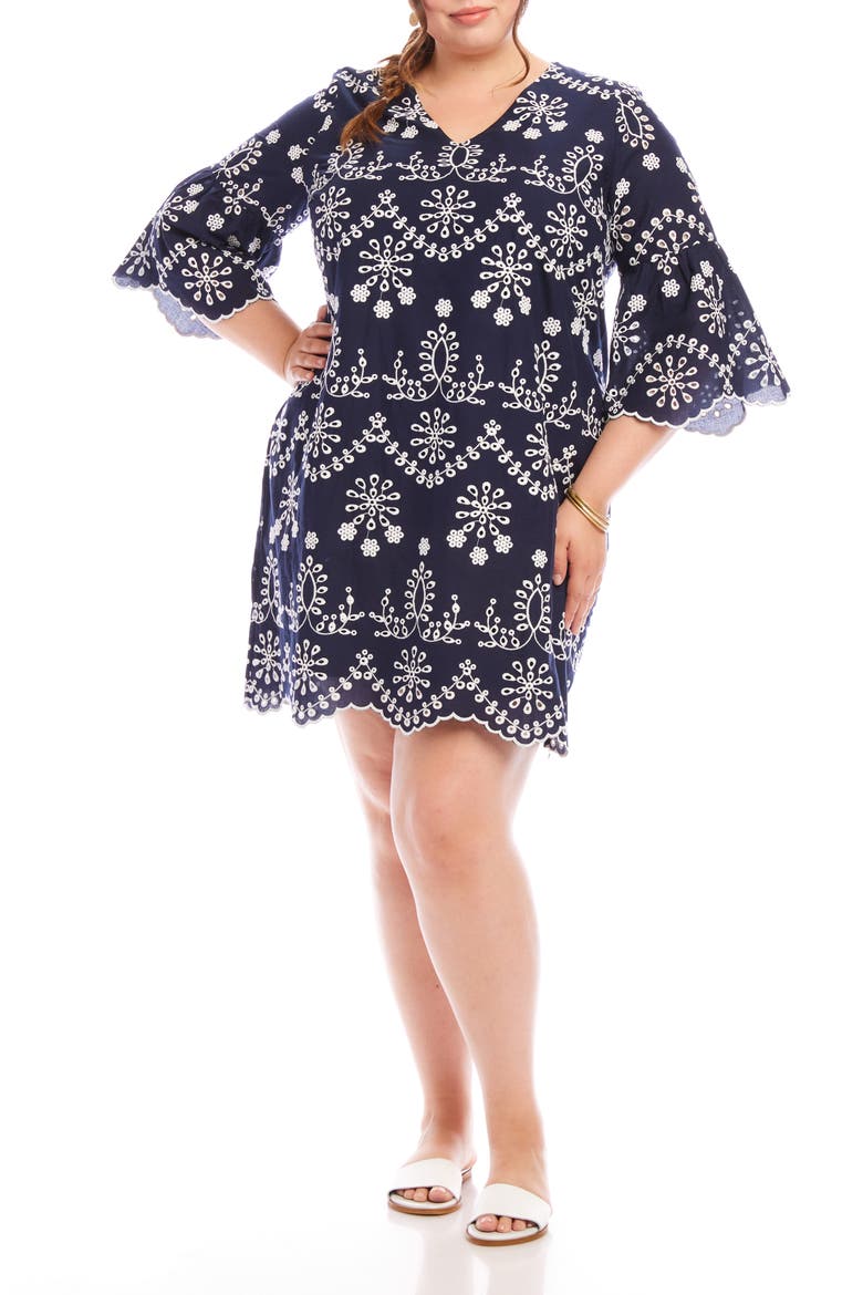 Embroidered Flare Sleeve Cotton Dress, Main, color, NAVY