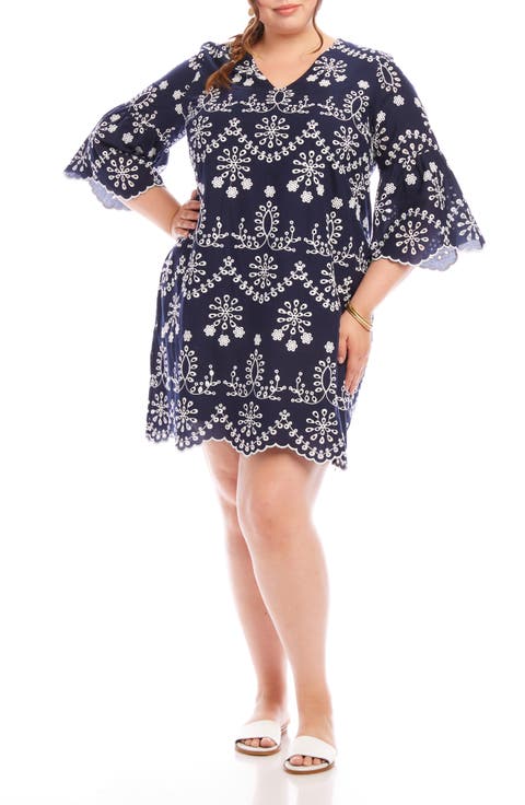 Embroidered Flare Sleeve Cotton Dress (Plus)