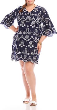 Karen Kane Embroidered Flare Sleeve Cotton Dress