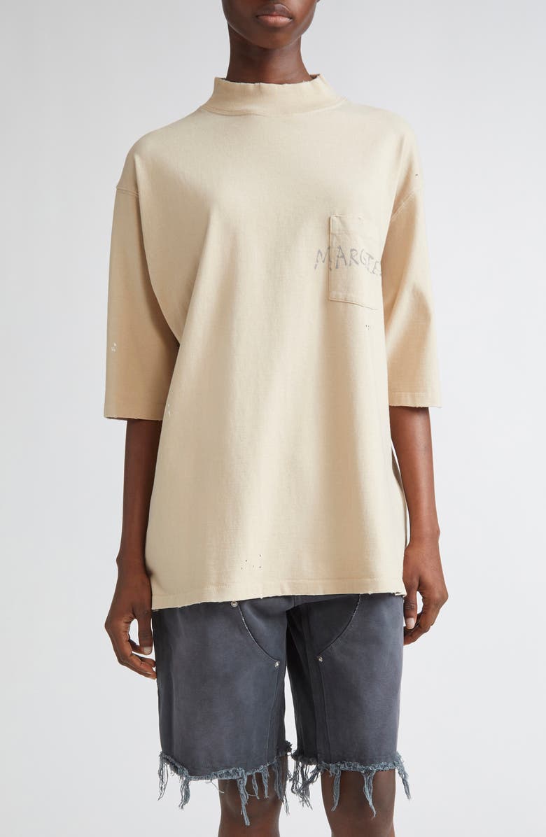 Maison Margiela Graffiti Logo Paint Splattered Pocket T-Shirt, Main, color, Beige