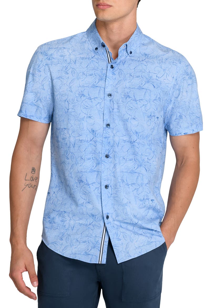 Scribble Floral Print Woven Short Sleeve Basic, Main, color, DENIM
