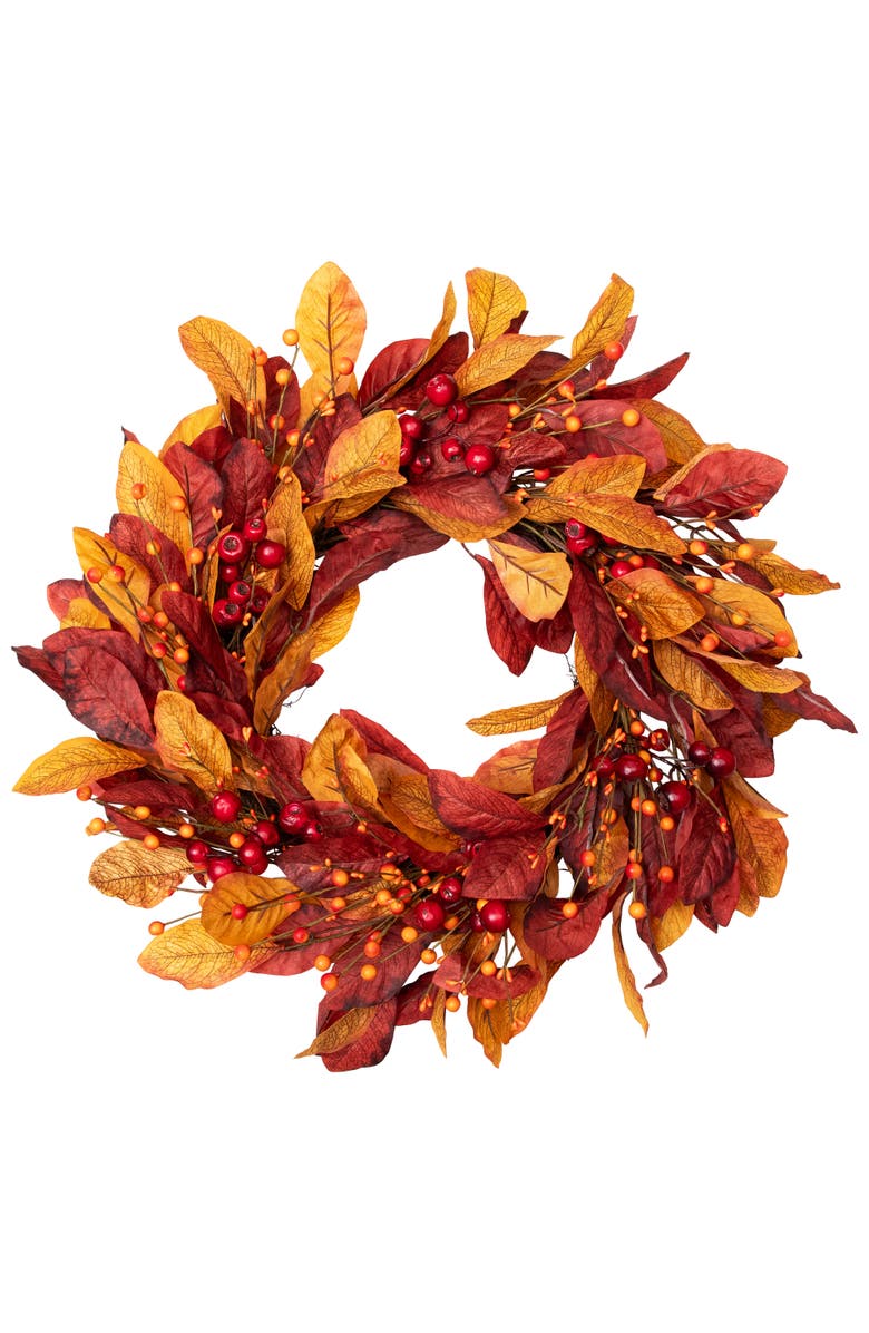 Northlight Berries with Leaves Artificial Fall Harvest Twig Wreath - 24", Main, color, 