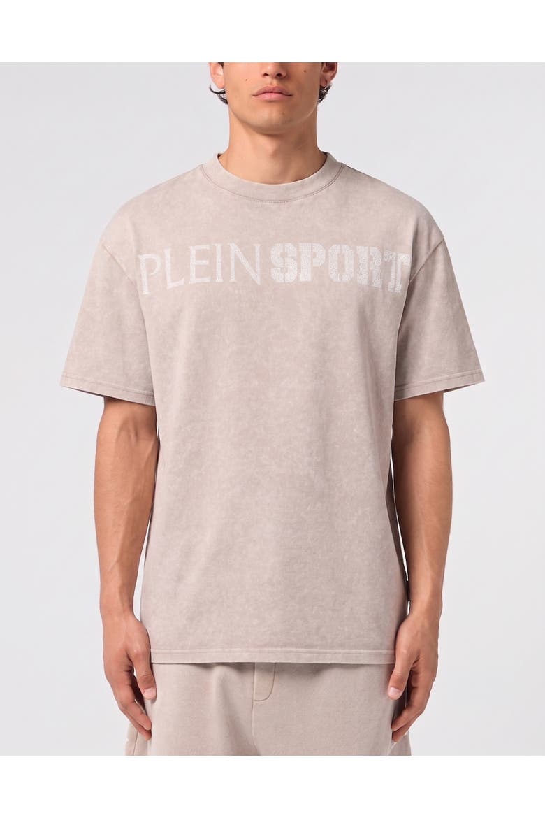 Washed Round Neck T-Shirt Crackle Scratch Men, Main, color, beige