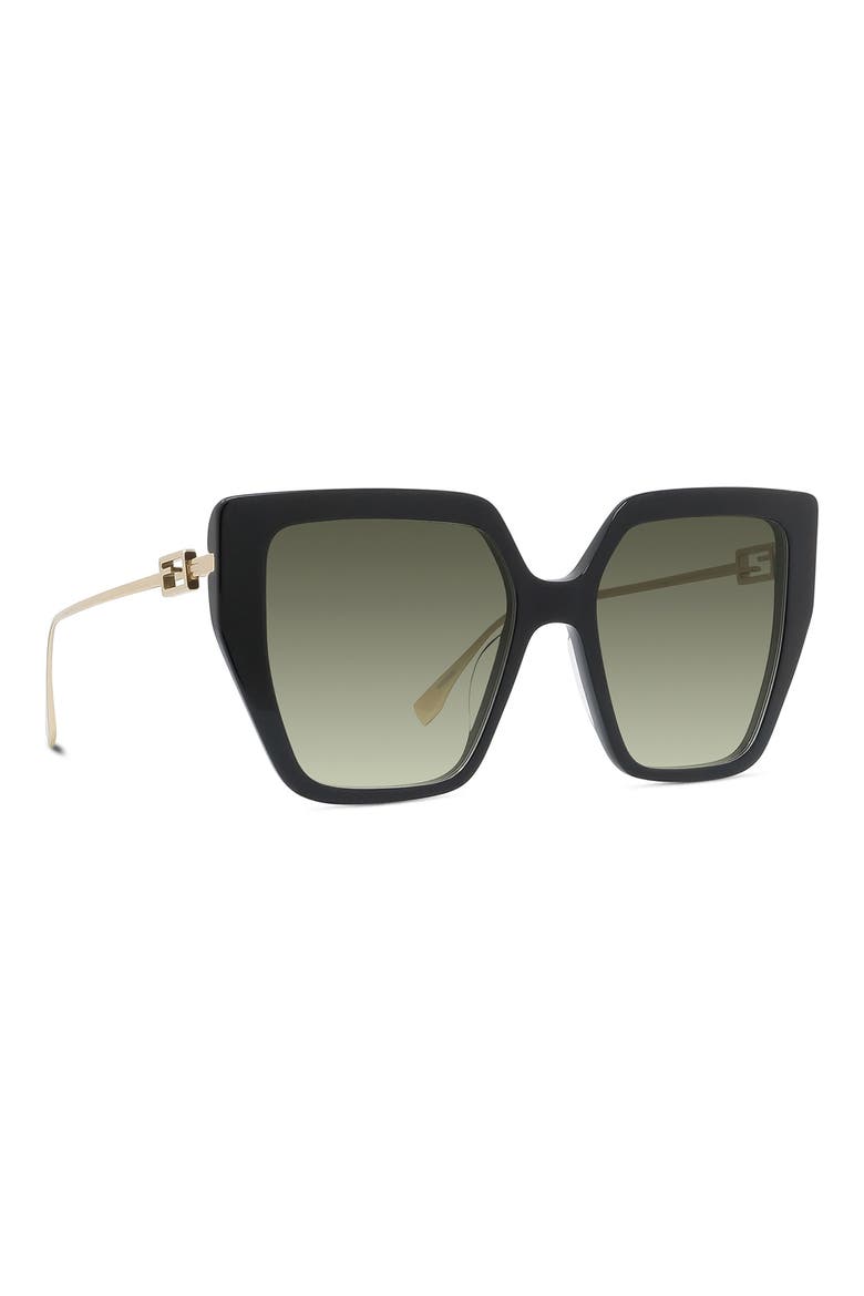 'Fendi Baguette 55mm Butterfly Sunglasses, Alternate, color, SHINY BLACK / GRADIENT GREEN