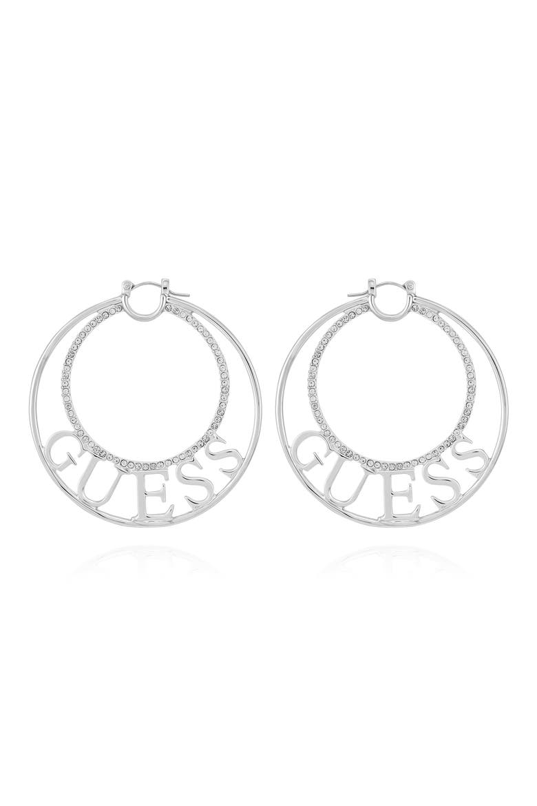 Logo Pavé Hoop Earrings, Main, color, SILVER TONE