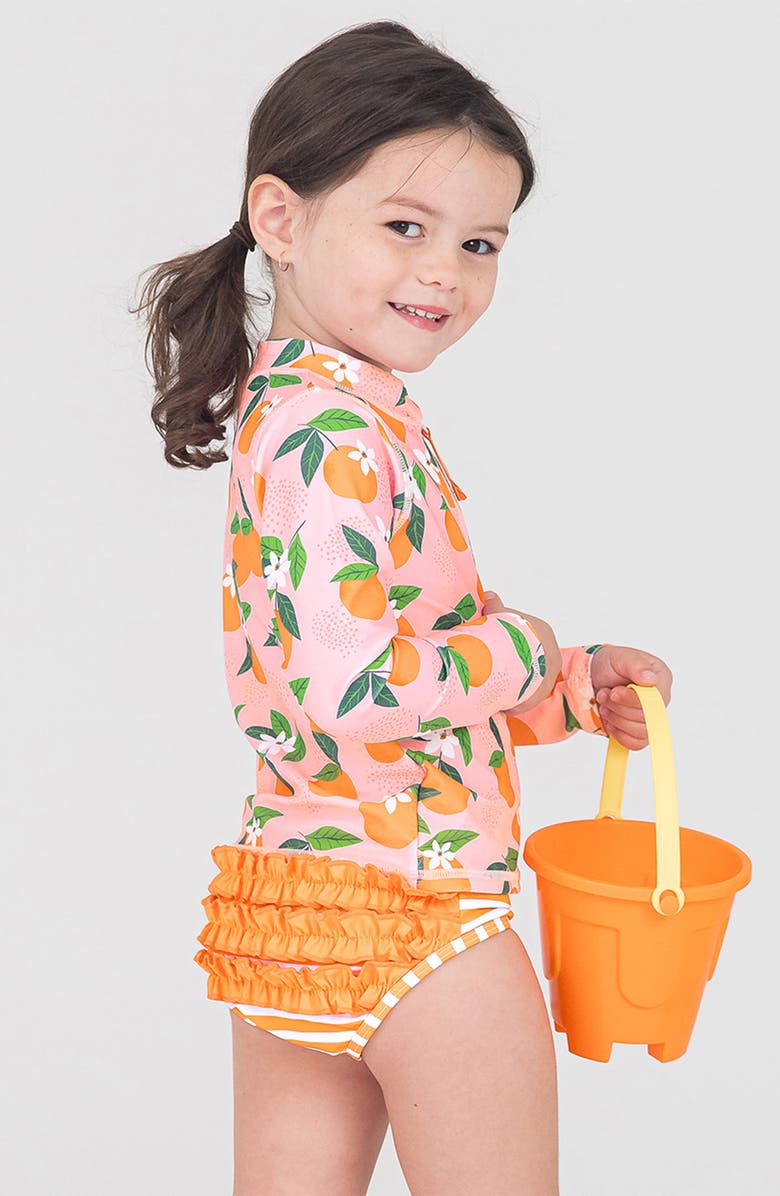 RuffleButts Orange You the Sweetest Long Sleeve Two-Piece Rashguard Swimsuit, Alternate, color, Pink