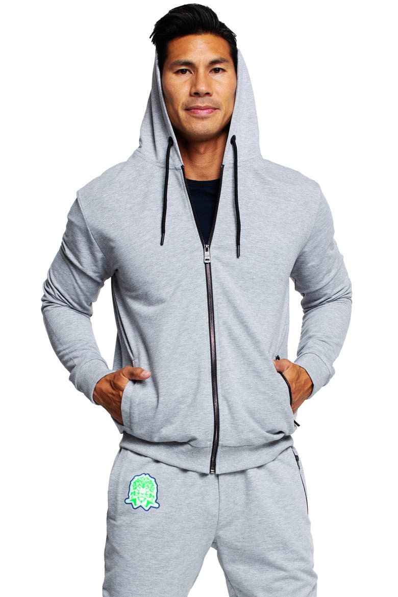 Tie Dye Detail Zip Front Stretch Cotton Fleece Hoodie, Alternate, color, GREY