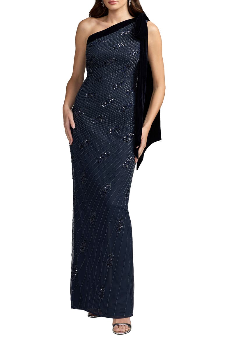 Beaded One Shoulder Gown With Velvet Bow, Main, color, Midnight
