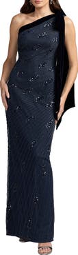Mac Duggal Beaded One Shoulder Gown With Velvet Bow