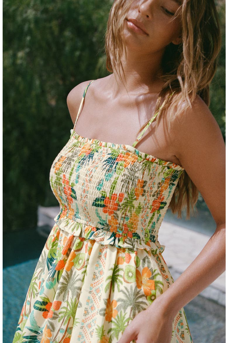 Tropical Print Smocked Midi Dress, Alternate, color, ORANGE