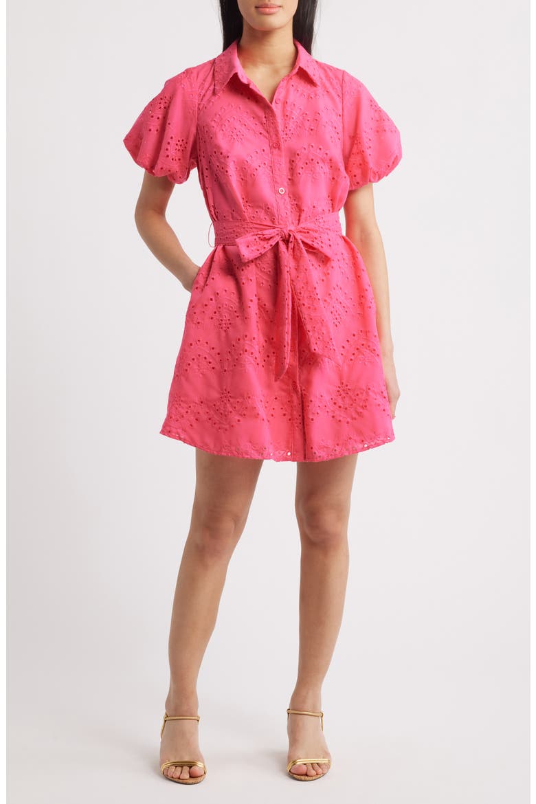 Puff Sleeve Eyelet Shirtdress, Main, color, PRETTY PINK