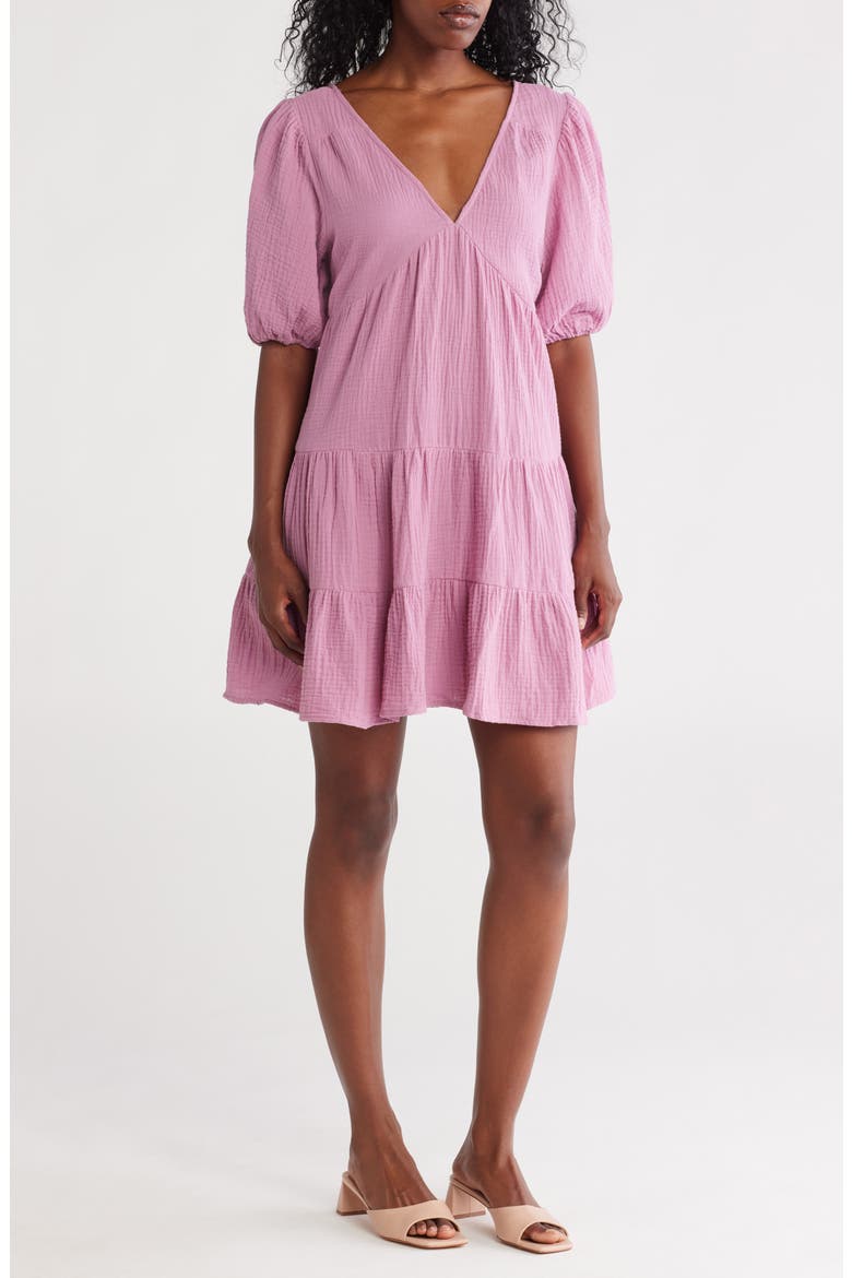 Puff Sleeve Cotton Babydoll Minidress, Main, color, ORCHID