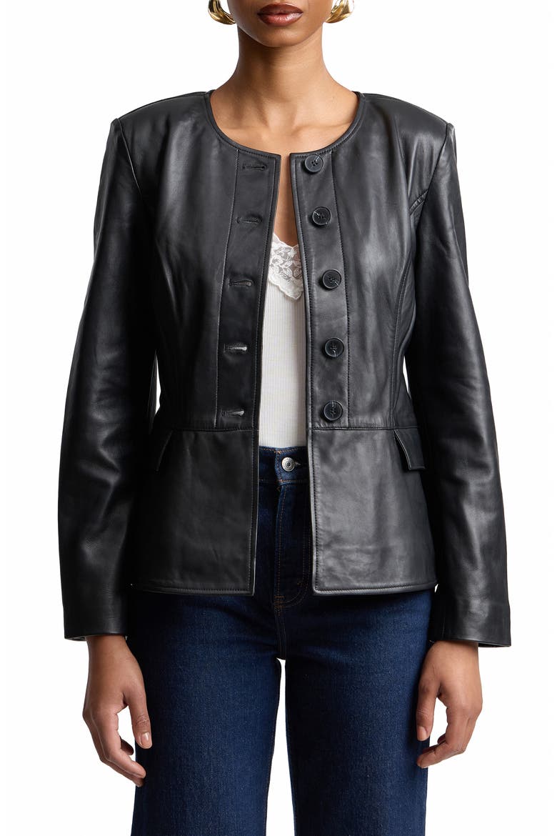 Peplum Leather Jacket, Alternate, color, BLACK