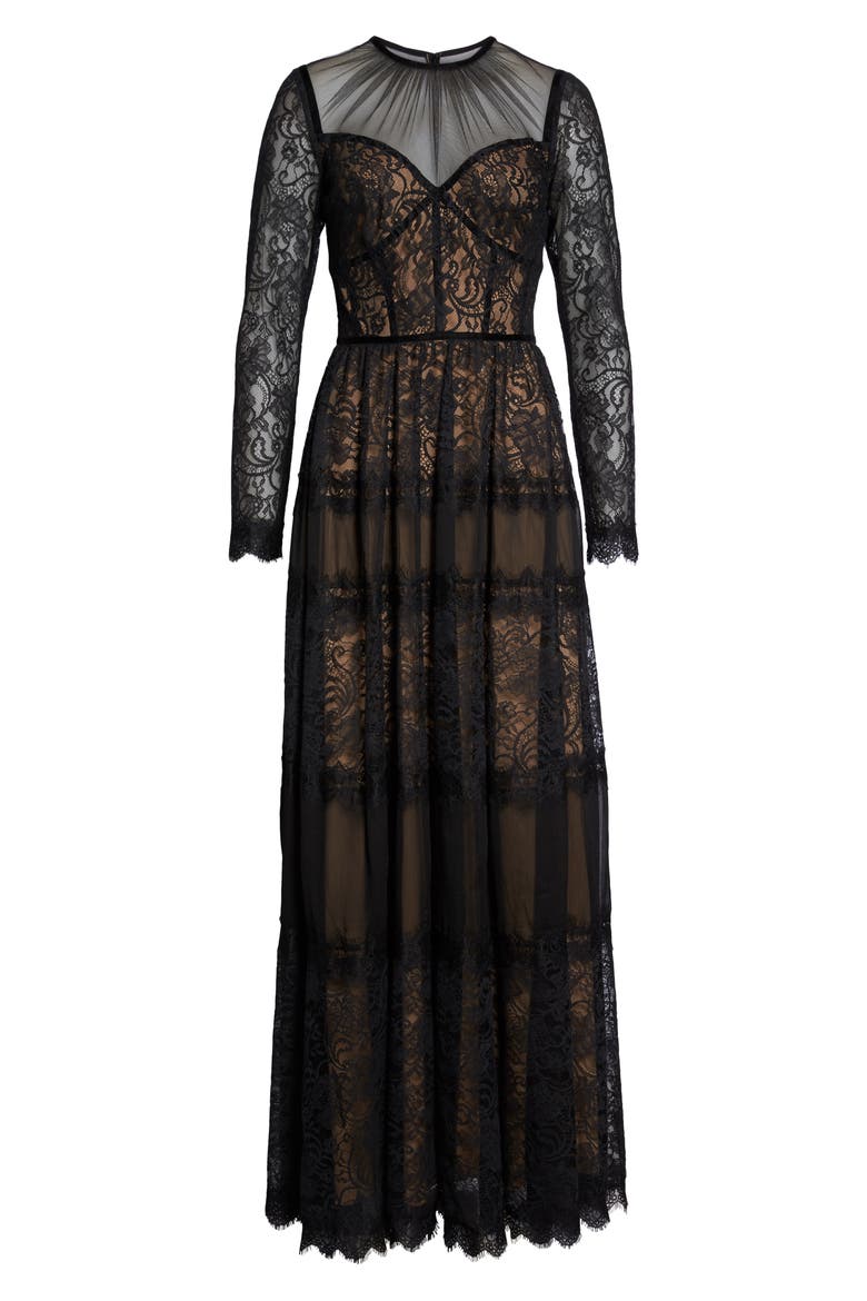 Long Sleeve Lace Gown, Alternate, color, BLACK/ NUDE