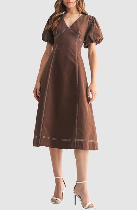Contrast Stitch Puff Sleeve A-Line Midi Dress