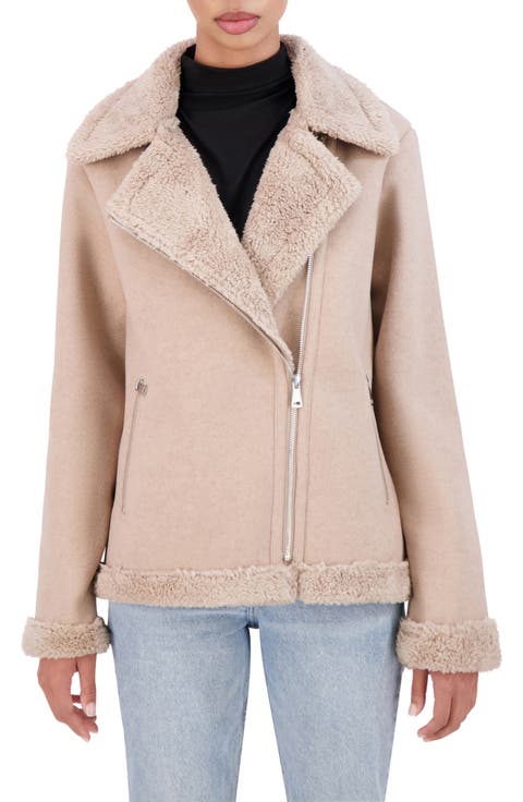 Asymmetric Faux Shearling Trim Faux Wool Moto Jacket