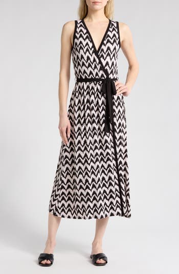 Loveappella Chevron Faux Wrap Midi Dress In Taupe/black