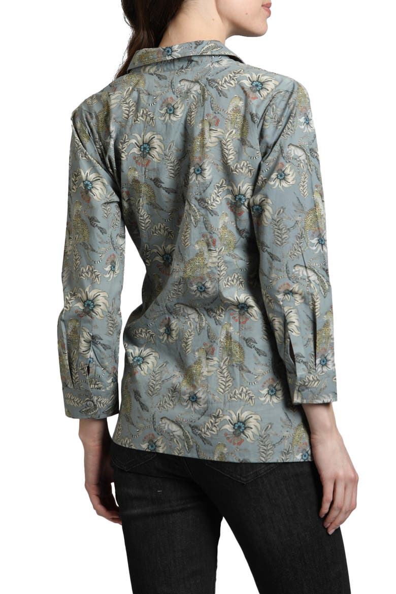 Mixed Print Side Tie Cotton Button-Up Shirt, Alternate, color, GREY MULTI