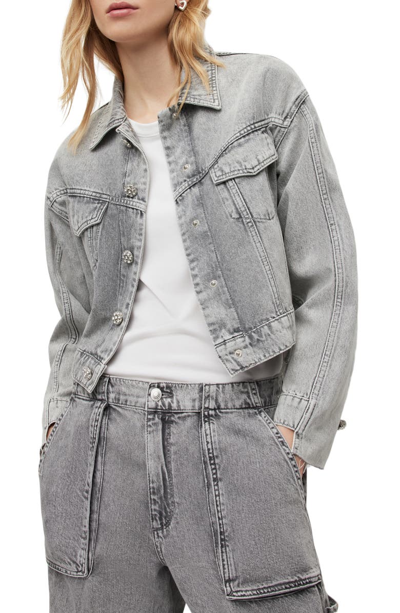 AllSaints Patch Diamante Denim Crop Trucker Jacket, Main, color, 