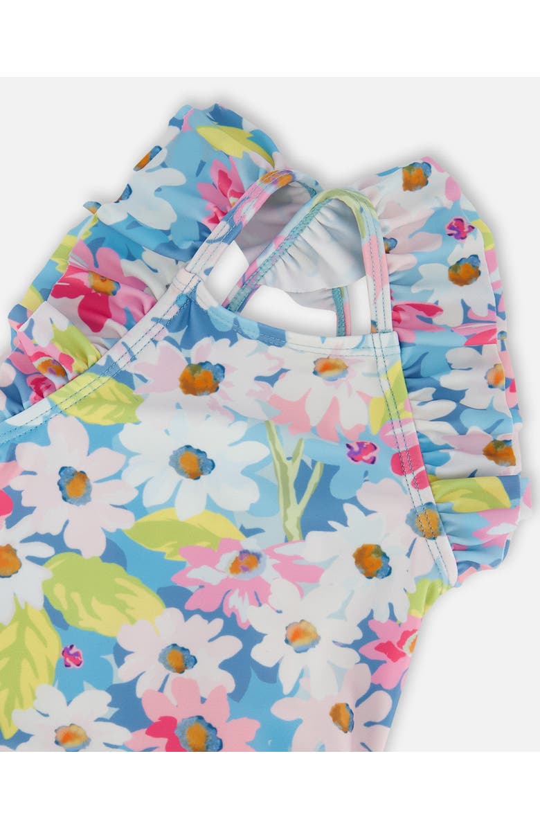 Deux par Deux Little Girl's Printed One-Piece Swimsuit With Frills White, Pink, And Green Flowers, Alternate, color, White, Pink, And Green Flowers
