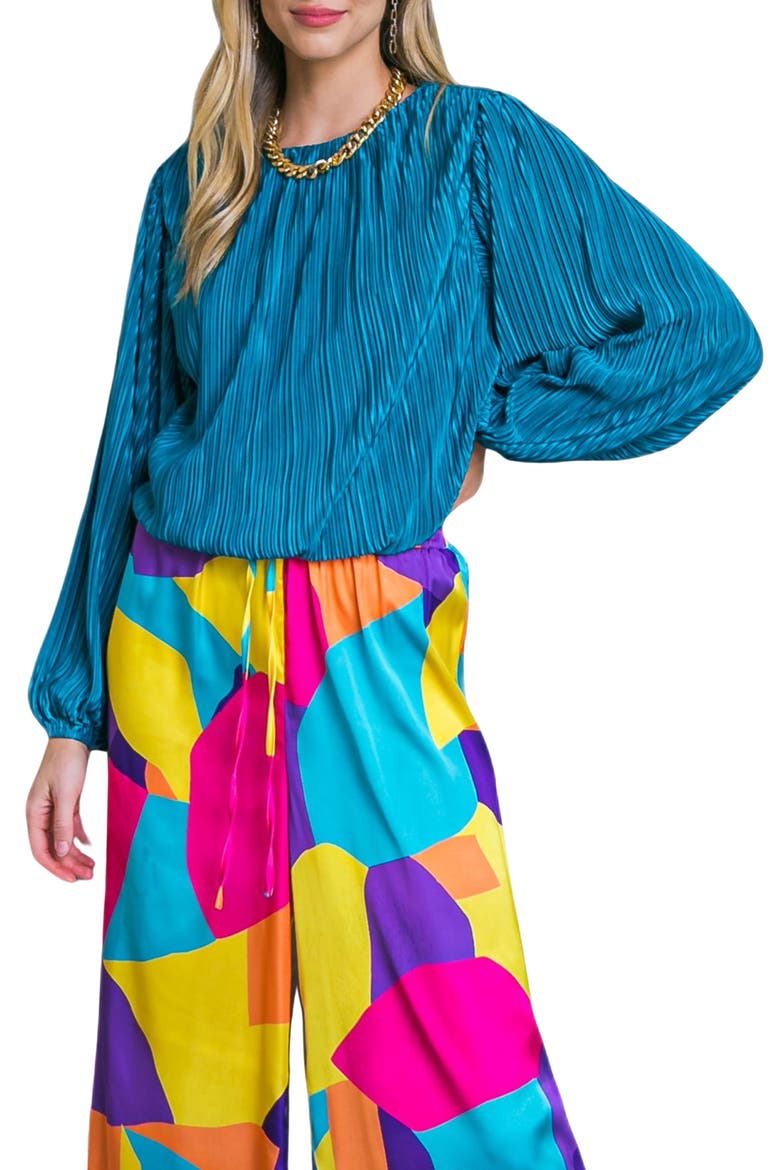 Pleated Textured Long Sleeve Top, Main, color, TEAL