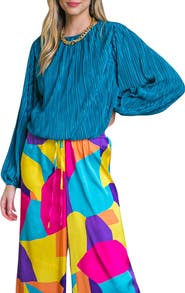 FLYING TOMATO Pleated Textured Long Sleeve Top