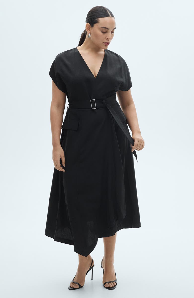 MANGO Belted Asymmetric Hem Midi Dress, Alternate, color, Black