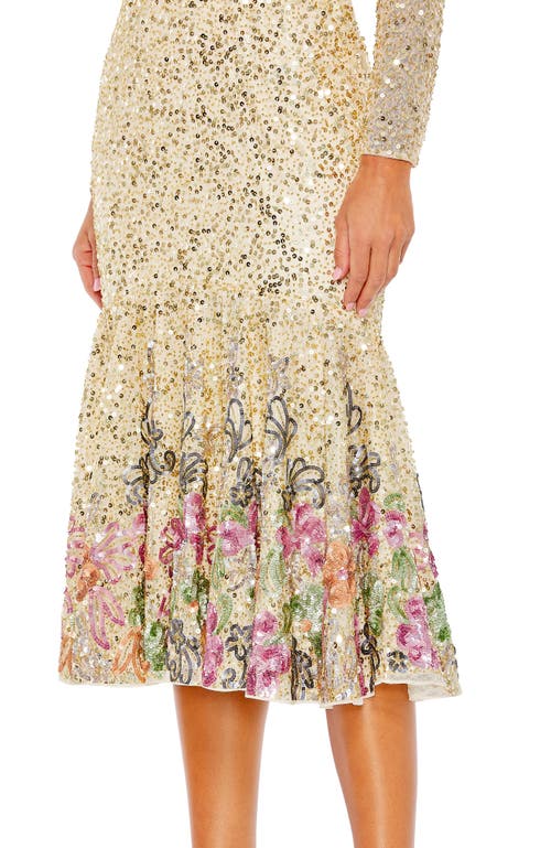 Mac Duggal Long Sleeve Faux Wrap Embellished Tea Length Dress In Gold Multi