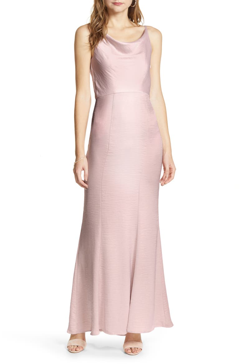 Sima Cowl Neck Satin Trumpet Gown, Main, color, MINK