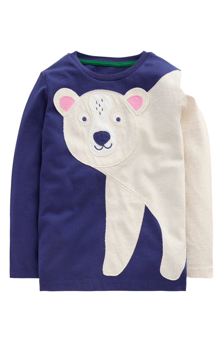 Mini Boden Kids' Polar Bear Appliqué Long Sleeve Cotton T-Shirt, Main, color, Blue Polar Bear