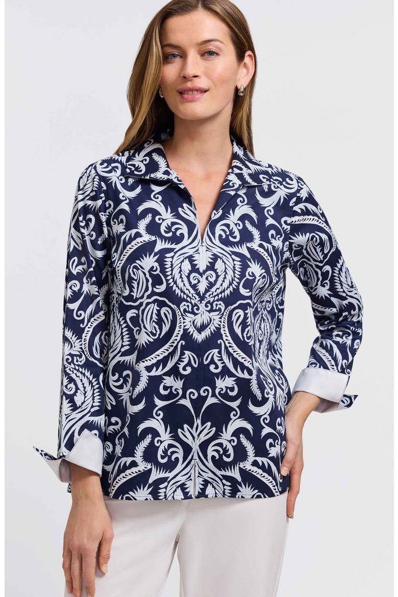 Agnes Florentine Damask Three-Quarter Sleeve Cotton Popover Top, Alternate, color, NAVY BLUE/ WHITE