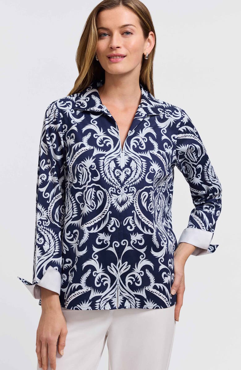 Foxcroft Agnes Florentine Damask Three-Quarter Sleeve Cotton Popover Top, Alternate, color, Navy Blue/ White