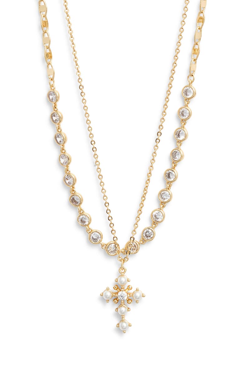 Gift Boxed Demi Fine Frontal Stone Necklace & Faux Pearl Cross Pendant Necklace, Alternate, color, WHITE- CLEAR- GOLD
