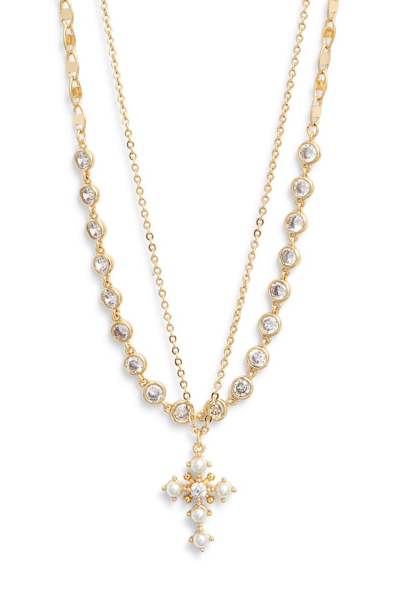 Chelsea28 Demi Fine Frontal Stone Necklace & Faux Pearl Cross Pendant Necklace, Main, color, White- Clear- Gold