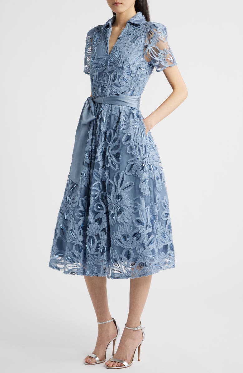 Tahari ASL Sequin Soutache Lace Cocktail Midi Dress, Alternate, color, Sky Blue