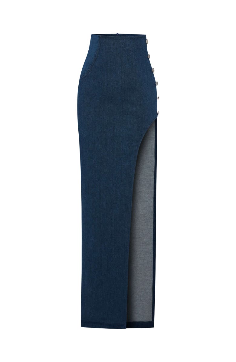 Jendue US Whispers Denim Skirt - High-Waisted Maxi with Slit, Alternate, color, Deep Blue